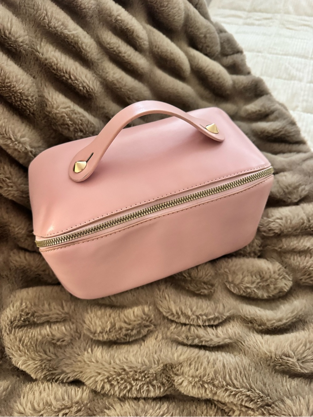 Pink Leather Top-Handle Zipper Toiletries or Make Uo Bag